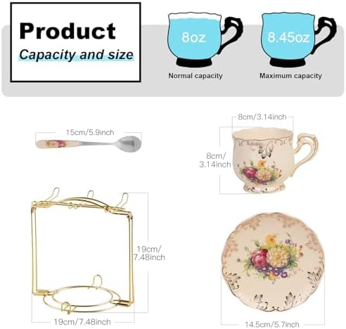 YOLIFE Tea Cups and Saucers Set of 6, 8 OZ Pink Rose(with Gift Box) - Image 3