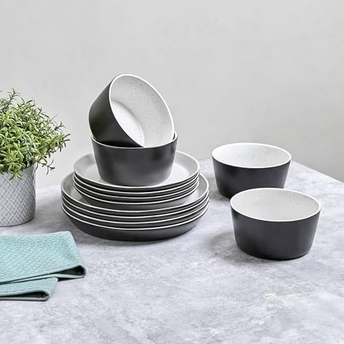 Sango 12-Piece Stoneware Dinnerware Set for 4, Modern White & Black Plates and Bowls Sets with Speckled Glaze, Durable Kitchen Ceramic Dish Set, Microwave & Dishwasher Safe Everyday Dishes, Stockholm - Image 3
