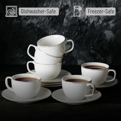 BTaT- Cappuccino Cups with Saucers 7 oz, Set of 6, White Porcelain Coffee Cup and Saucer Set for Latte with Golden Trim Design, Dishwasher Safe, Mocha, Tea, Au Lait, Flat White - Image 3