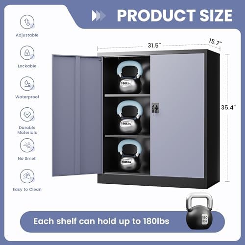 Metal Storage Cabinet,Locking File Cabinet with Doors and Adjustbale Shelves,Tool Steel Cabinets for Garage,Home Office,School,Gym(Grey & Black) - Image 3