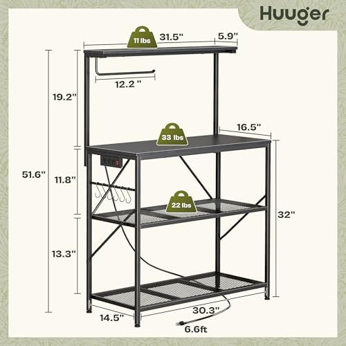 Huuger 4-Tier Bakers Rack with Reversible Power Outlet, 31.5 Inch Microwave Stand, Kitchen Coffee Bar, with Top Shelf, 6 S Hooks, Black - Image 3