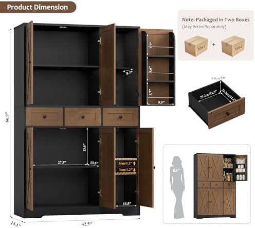 HOSTACK 67"H Farmhouse Kitchen Pantry Storage Cabinet with 3 Drawers, Brown - Image 3
