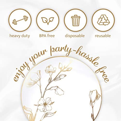 [7'' Plates 40 Count] White Plastic Floral Design Party Plates With Gold Rim Premium heavyweight Elegant Disposable Tableware Dishes - Image 7