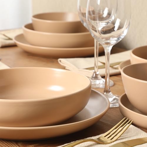 Gibson Elite Leeds Court Plates and Bowls Sets, 16-Piece Stoneware Dinnerware Sets, Terracotta, Round Speckle Reactive Glaze Dish Set - Image 2