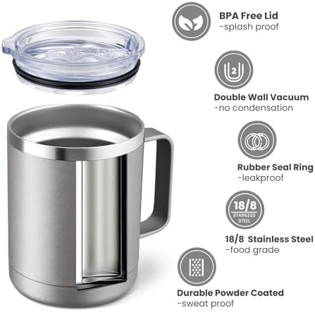 MEWAY 12oz Coffee Mug With Handle 4 Pack Bulk,Stainless Steel Insulated Travel Tumblers With Sliding Lid,Double Wall Vacuum Camping Cup for Hot & Cold Drinks Tea (Cold Grey,Set of 4) - Image 2
