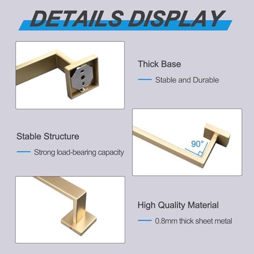 Bath Towel Bar, 24-Inch Towel Racks, Square Thicken Towel Holder, Wall Mounted Shower Towel Rail Hanger, Stainless Steel,Bathroom Accessories (Brushed Gold, 1 Pack) - Image 6