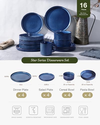 Famiware Star Stoneware Dinnerware Sets with Pasta Bowls, 16pc Dishes for 4 - Image 3