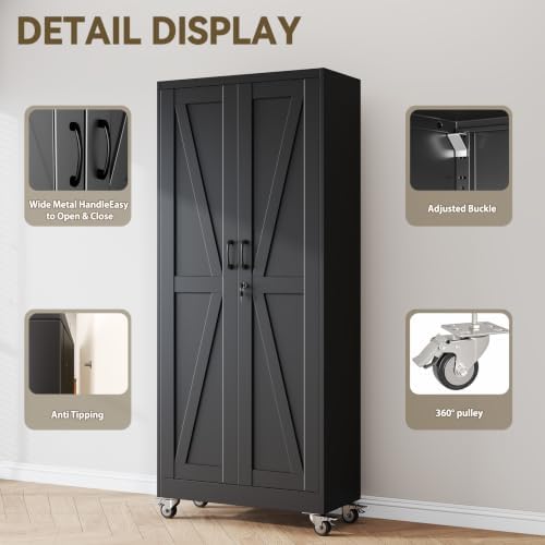 Metal Storage Cabinets with Wheels, Steel Tool Cabinets Lock Door and 5 Adjustable Shelves for Home Office, Garage, Kitchen (Black, 74.8" H) - Image 3