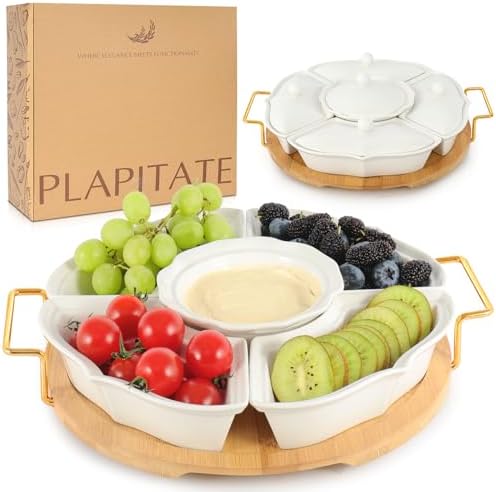 PLAPITATE Party Serving Trays and Platters, Ceramic Lazy Susan Serving Tray with Divided Sections Appetizer Rotating Serving Tray for Fruits, Veggies, Chips and Dip Serving Set by PLAPITATE