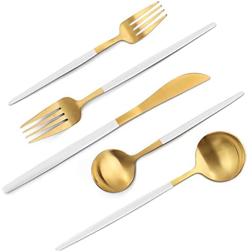 VANVRO Matte White Gold Silverware Set, 20-Piece Stainless Steel Flatware Set, Satin Finish tableware Cutlery Set, Service for 4, Home and Restaurant, Dishwasher Safe by VANVRO