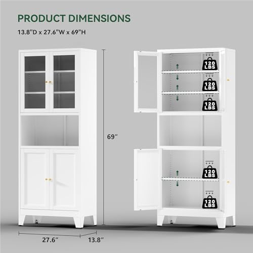 COFaR 69" Pantry Cabinet, Metal Storage Cabinet with 2 Glass Doors, White - Image 3