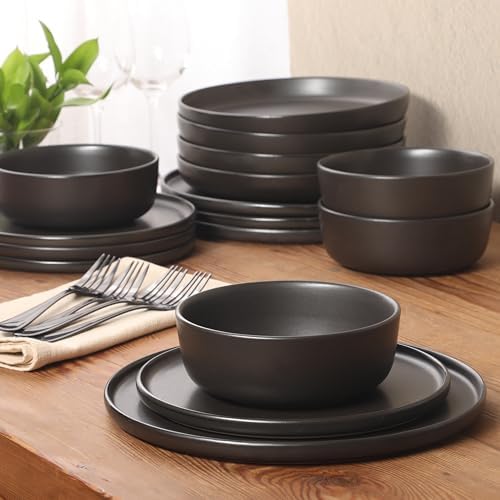Gibson Elite Bayou Moon Plates and Bowls Sets, 16-Piece Black Matte Stoneware Dinnerware Sets, Solid Color Reactive Glaze Dish Set - Image 5