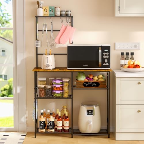 3IngSeagulls Baker's Rack for Kitchen with Storage, Microwave Stand with Adjustable Shelves and 10 S Hooks, 6-Tier Coffee Bar Station, Kitchen Shelves for Spices, Pots, Rustic Brown - Image 4