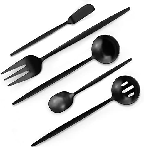 VANVRO Matte Black Serving Silverware Set, 5-Piece Round Shared Utensils Set of Stainless Steel, Hostess Flatware Serving Set, Satin Finish, Dishwasher Safe by VANVRO
