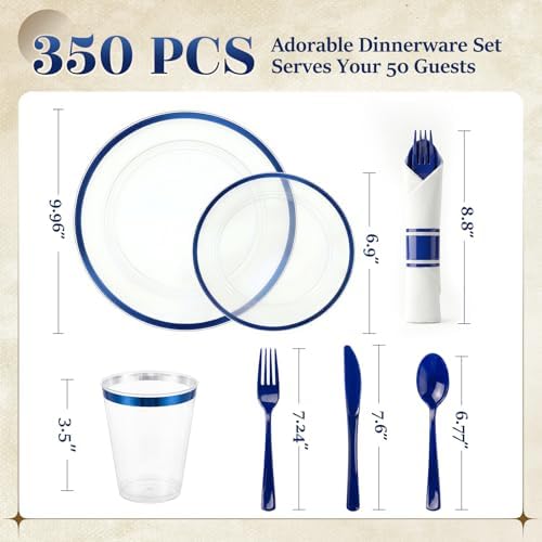 350PCS Clear Blue Plastic Plates Dinnerware Sets for 50 Guests - Image 3