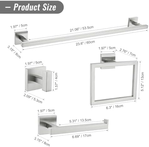 YACVCL Towel Bar Set, 5 Pieces Bathroom Hardware Set Brushed Nickel Bathroom Accessories, SUS304 Stainless Steel Towel Racks Holder Set Wall Mounted 23.6 Inch - Image 6