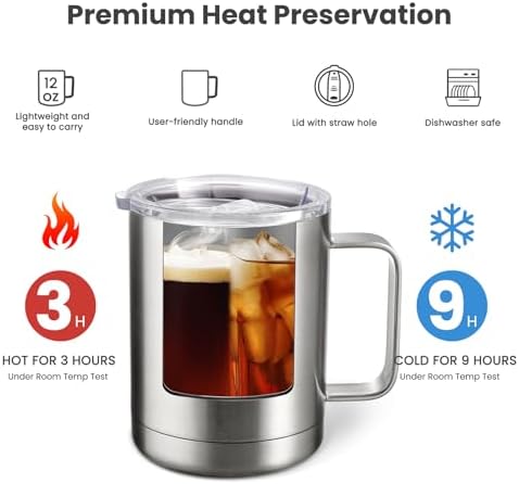 MEWAY 12oz Coffee Mug With Handle 8 Pack Bulk,Stainless Steel Insulated Travel Tumblers With Sliding Lid,Double Wall Vacuum Camping Cup for Hot & Cold Drinks Tea (Sliver,Set of 8) - Image 3