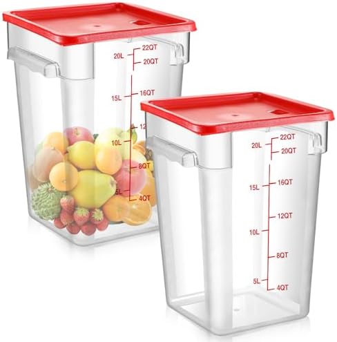 Suclain 2 Pcs Square Food Storage Container Polycarbonate Clear Food Container with Lid Commercial Rice Storage with Graduations for Commercial Kitchen(22 Qt,Red) by Suclain