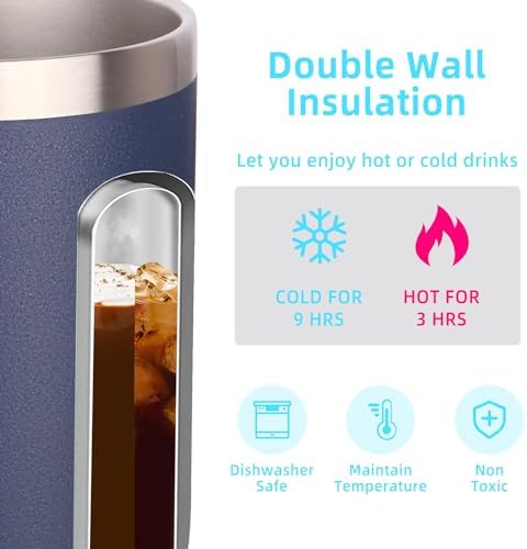 Volhoply 14oz Insulated Stainless Steel Coffee Mug with Leakproof Lid,Double Wall Vacuum Travel Coffee Cup with Handle,Reusable Metal Cups Tumbler,Camping Mugs Keep Hot&Cold,Ideal Gifts(Navy,1) - Image 3