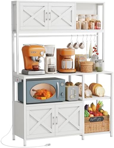 Huuger Large Bakers Rack with Power Outlet, Kitchen Microwave Stand with Cabinets, Coffee Bar Table Station with Storage, 6 S-Shaped Hooks, Mesh Shelves, 45 Inch Wooden Top, White by Huuger