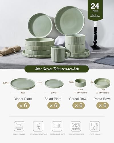 Famiware Star Stoneware Dinnerware Sets with Pasta Bowls, 24pc Dishes for 6 - Image 3