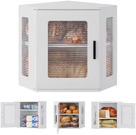 TQVAI Corner Bread Box for Kitchen Countertop, Solid Wood Double Layer Large Storage Container with Adjustable Shelves, Farmhouse Acrylic Window Design, White by TQVAI