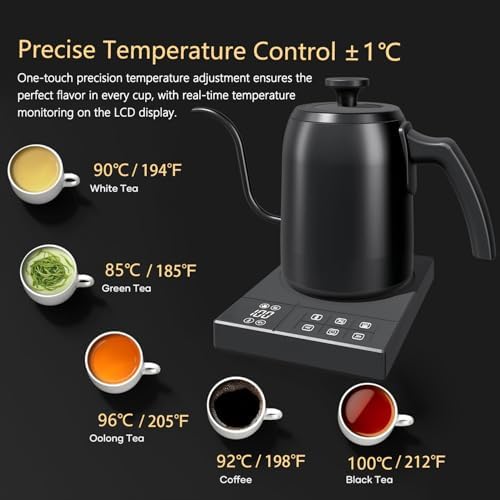 Gooseneck Electric Kettle with ±1℉ Temperature Control & Keep Warm for Pour Over Coffee & Tea, Rapid Boil, 304 Stainless Steel, Built-in Brew Timer, 900W 0.6L (600 ML) - Image 2