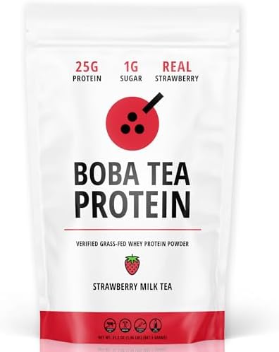 Strawberry Milk Tea | 25g Grass-Fed Whey Protein Isolate Powder | Gluten-Free & Soy-Free Bubble Tea Protein Drink | Real Ingredients & Lactose-Free Protein Drink | 25 Servings by BobaTeaProtein