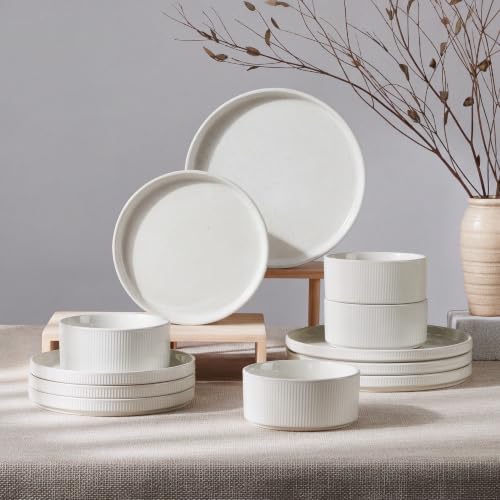 HaWare Dinnerware Sets, Plates and Bowls Set for 4, Speckled Ivory White by HaWare