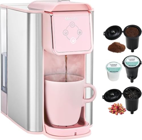 Mecity Pink Coffee Maker 3-in-1 Single Serve Coffee Machine, For Flat Bottom Coffee Capsule, Ground Coffee, 6 to 10 Ounce Cup, Removable 50 Oz Water Reservoir, 120V 1150W by Mecity