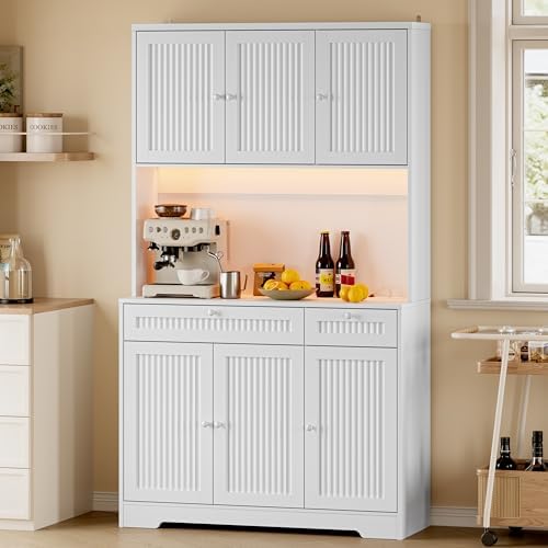 BORNOON Pantry Cabinet with Charging Station and Light, Tall Kitchen Pantry Storage Cabinet with Microwave Stand, Wide Fluted Kitchen Hutch with Storage Drawers and Adjustable Shelves for Dining Room by BORNOON