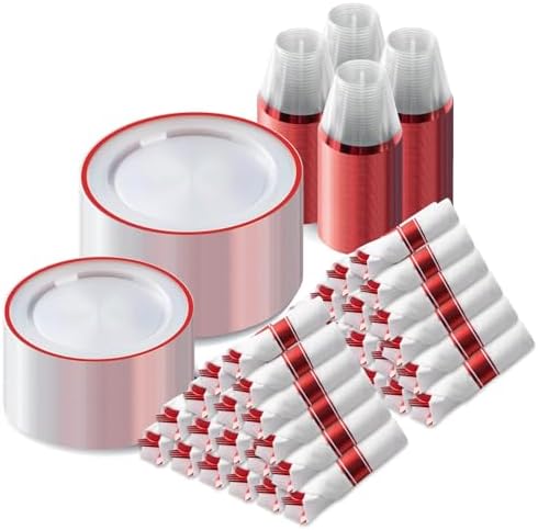 Goodluck 700 Pcs Clear Red Plastic Dinnerware Sets for Party for 100 Guests by GoodLuck
