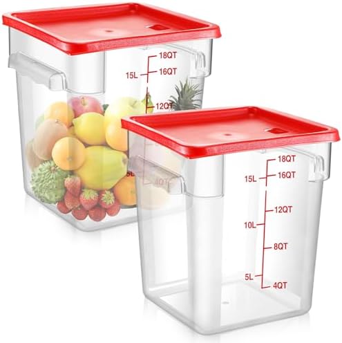 Suclain 2 Pcs Square Food Storage Container Polycarbonate Clear Food Container with Lid Commercial Rice Storage with Graduations for Commercial Kitchen(18 Qt,Red) by Suclain