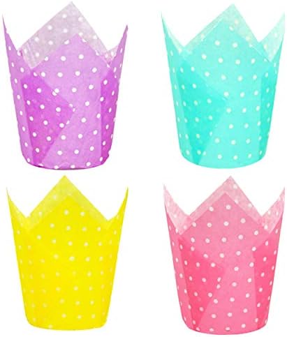 QLSmypkg Large Muffin Greaseproof paper Baking cupcake cups, 2-1/4" x 4" Blue,Yellow,Pink,Purple printed with Polka Dot(each colour about 32 pcs, total 125 pcs) Tulip Baking Cup(Large) (125, Multi) by QLSmypkg