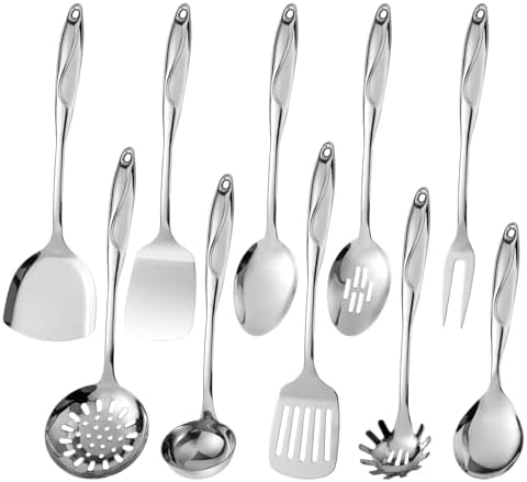 304 Stainless Steel Kitchen Utensils Set, 10 Pcs Metal Cooking Utensil, Mirror Polished Kitchen Gadget Cookware and Kitchen Tool Set, Dishwasher Safe by Lazycorner
