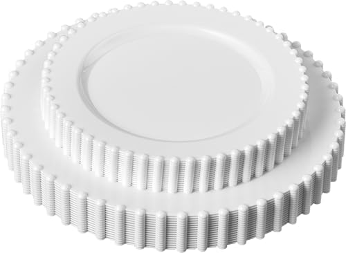 PLASTICPRO 128 Piece Combo Plastic Dinner Plates Disposable Plastic Fancy Heavy Duty Party Dishes 7 inch and 10 inch, White Beaded by PLASTICPRO