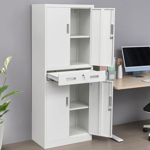 CJF 71" H Tall Metal Storage Cabinet with Drawer, Locking Garage Cabinet with 2 Adjustable Shelves, Heavy-Duty Tool File Storage Cabinets for Home Office, Kitchen, Warehouse, Shop (White) - Image 4