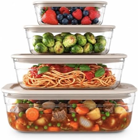 Naked Kitchen 8-Piece Food Storage Containers with Lids – Nesting Borosilicate Glass Meal Prep Containers with Leak-Proof Airtight Seal – BPA Free, Microwave, Oven, Freezer & Dishwasher Safe – Cream by NakedKitchen