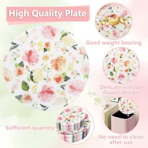 60 PCS Floral Plastic Plates - Pink Disposable Decorative Plates Include 30 Dinner Plate, 30 Dessert Plate for Wedding & Tea Party - Image 3