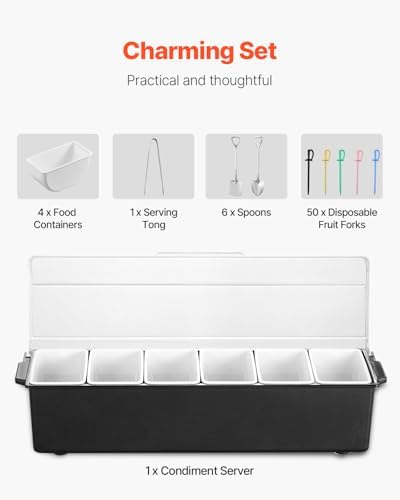 VEVOR Chilled Condiment Server, 6 Compartment Ice Cooled Condiment Serving Container, Chilled Garnish Tray Bar Caddy with Lid, for Bartending & Serving Taco, Salad, Fruit, Home & Restaurant Supplies - Image 5