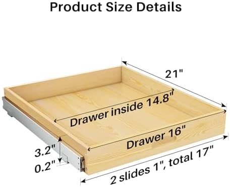 Pull Out Cabinet Organizer, Soft Close Wooden Slide Out Drawers for Pots and Pans, Full-extension Roll Out Shelves for Kitchen Cabinets, Pantry Organization, Bottom & Side Mount(17"W X 21"D x 3.4''H) - Image 2