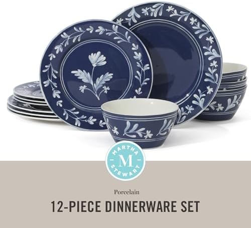 Martha Stewart Dinnerware Set- Maiden Crown 12-Piece Sky Blue Dishes – New Bone China Ceramic Plates & Bowls – Floral Design – Service for 4 – Microwave & Dishwasher Safe - Image 2