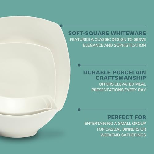 Gibson Home Brentwood 40-Piece Dinnerware Set – Square White Porcelain Plates and Bowls, Service for 8, Dishwasher & Microwave Safe, Modern Everyday Dinner Set with Cereal, Dessert, and Entrée Bowls - Image 3