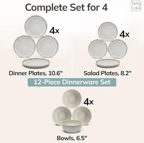 12 Piece Stoneware Dinnerware Set for 4, Handcrafted Plates and Bowls Set - Image 6