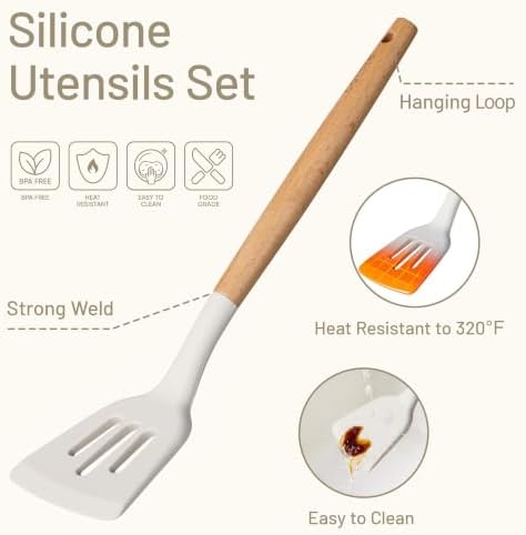 CAROTE 10-Piece Kitchen Utensils Set with Wood Cool-Touch Handles, Cream - Image 3