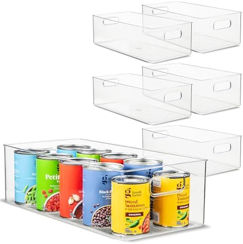 Plastic Food Storage 6 Pack Clear Container Bin with Handles for Organizing Kitchen, Pantry, Refrigerator, Freezer, Pantry, Cabinet, Closet, Bathroom. 14”x8”x5” by primebox