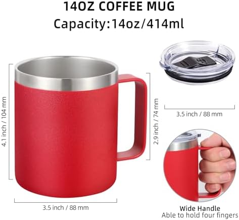 Volhoply 14oz Insulated Stainless Steel Coffee Mug with Leakproof Lid,Double Wall Vacuum Travel Coffee Cup with Handle,Reusable Metal Cups Tumbler,Camping Mugs Keep Hot&Cold,Ideal Gifts(Red,1) - Image 2