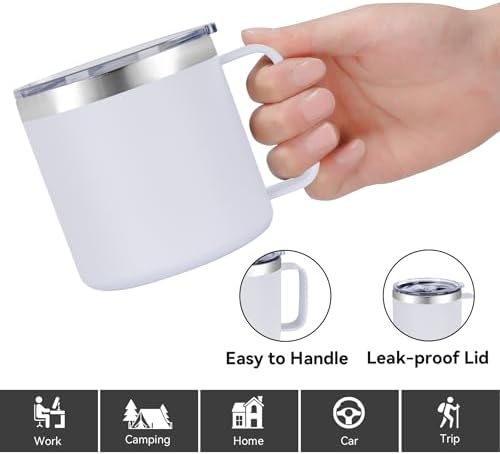 VEGOND 14 oz Insulated Coffee Mug Bulk with Handle, Stainless Steel Travel Coffee Mug with Lid, Double Wall Vacuum Metal Coffee Cup, Coffee Tumbler Powder Coated, White 8 Pack - Image 4