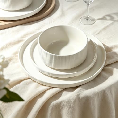Stoneware Dinnerware Sets for 4, 12Pcs Plates and Bowls Set, Cream White - Image 6