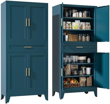 YAUWOH 71''Tall Kitchen Pantry Cabinet with Drawer,6-Tiers Metal Pantry Storage Cabinet with 4 Adjustable Shelves and 4 Barn Doors, Freestanding Farmhouse Food Cupboard for Dining Room (1PC,Blue) by YAUWOHFactoryOutletsColorfulMetalFurniture